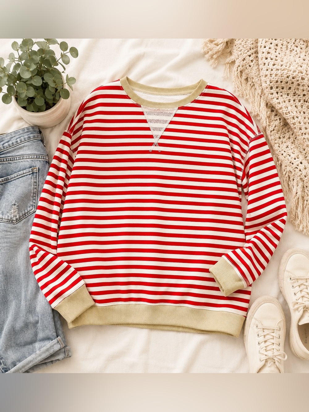 Free People We The Free Red White Striped Pullover Sweatshirt XS NWOT